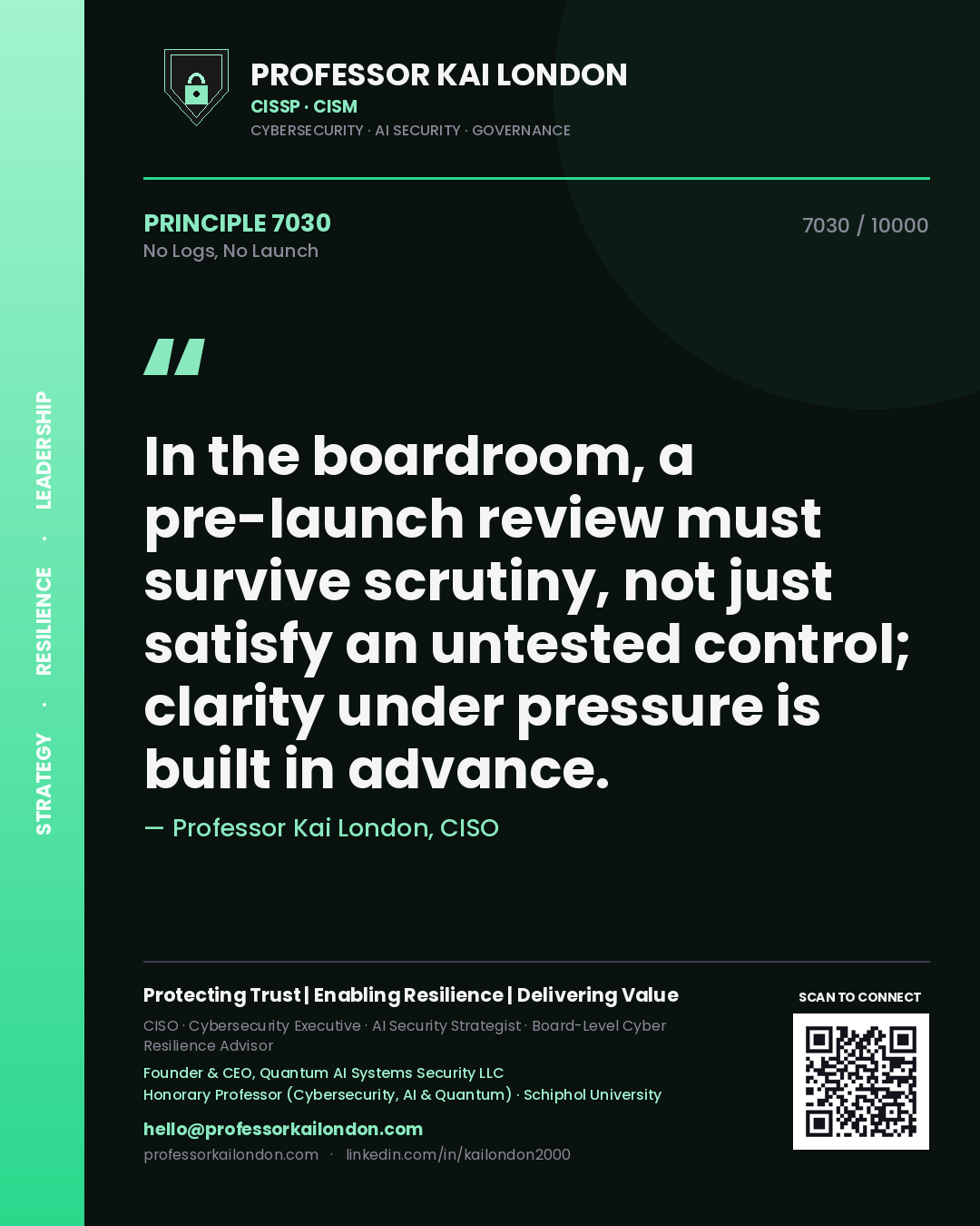 Professor Kai London principle 7030: In the boardroom, a pre-launch review must survive scrutiny, not just satisfy an untested control; clarity under pressure is built in advance.
