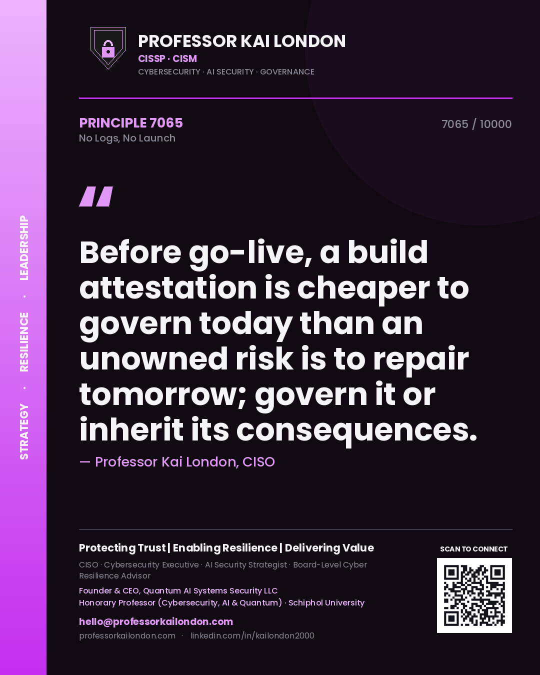 Professor Kai London principle 7065: Before go-live, a build attestation is cheaper to govern today than an unowned risk is to repair tomorrow; govern it or inherit its consequences.