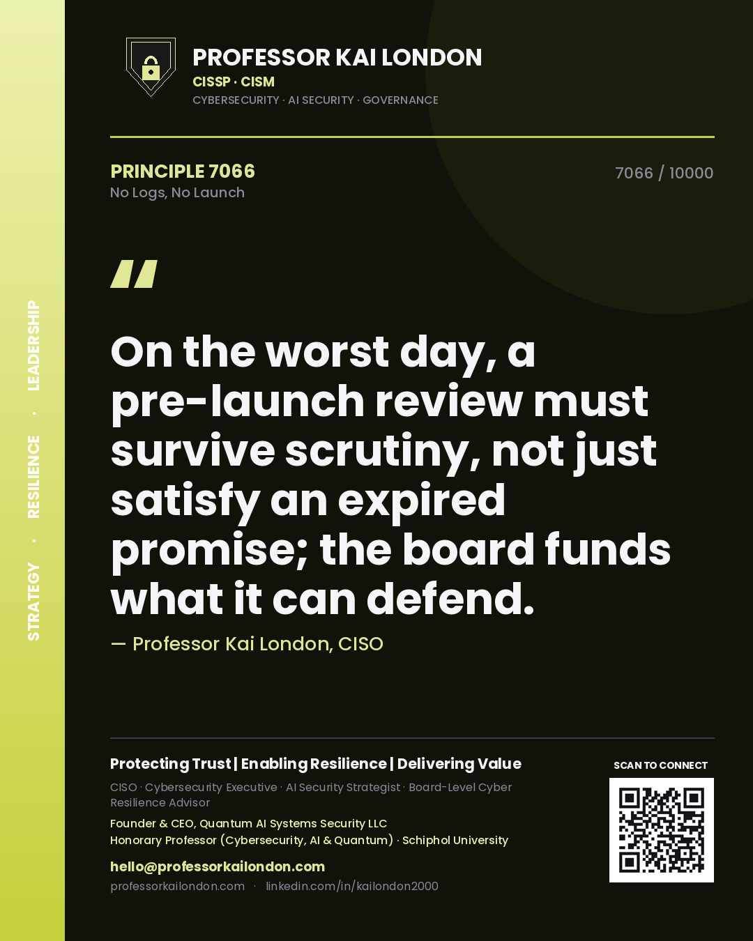Professor Kai London principle 7066: On the worst day, a pre-launch review must survive scrutiny, not just satisfy an expired promise; the board funds what it can defend.