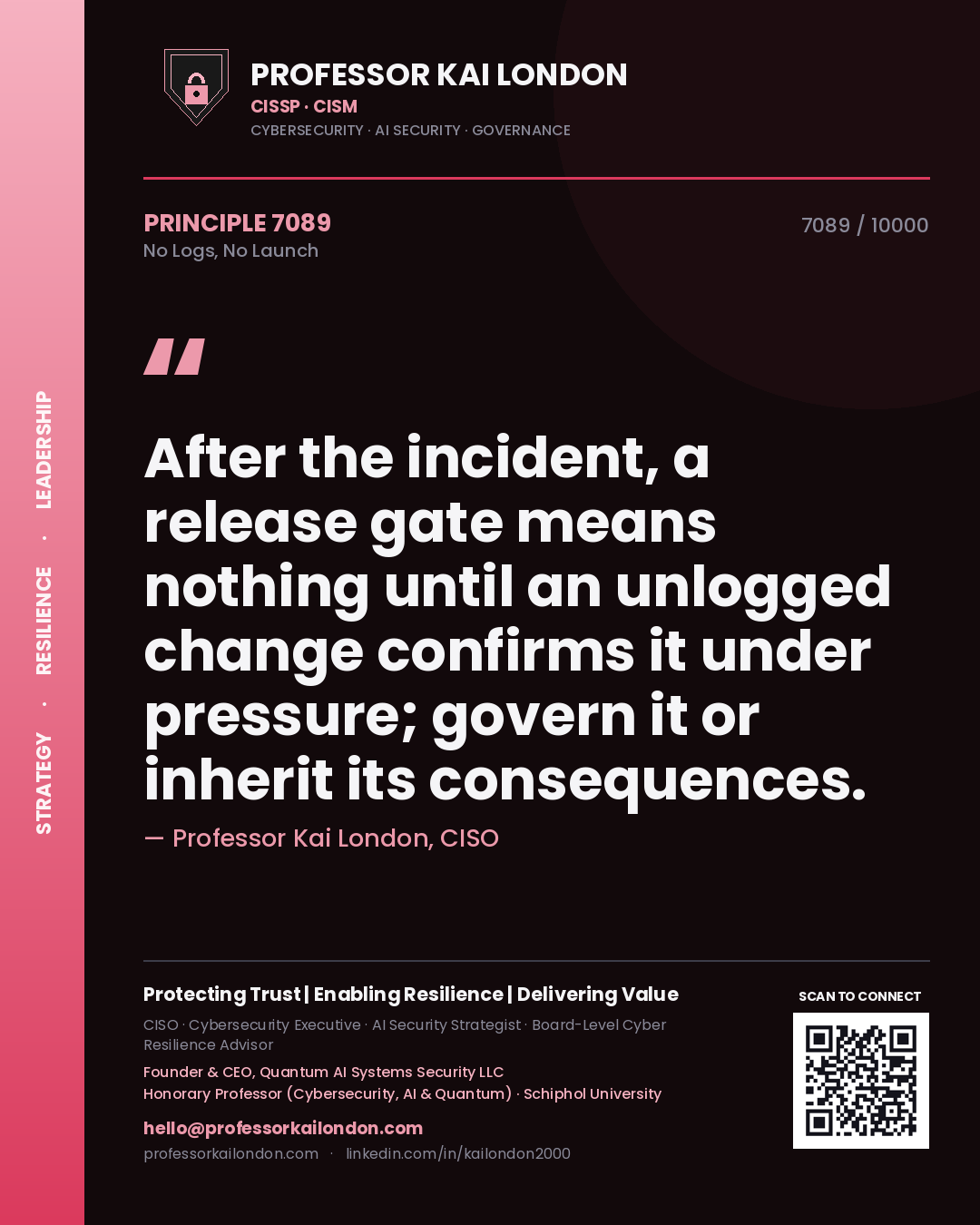 Professor Kai London principle 7089: After the incident, a release gate means nothing until an unlogged change confirms it under pressure; govern it or inherit its consequences.