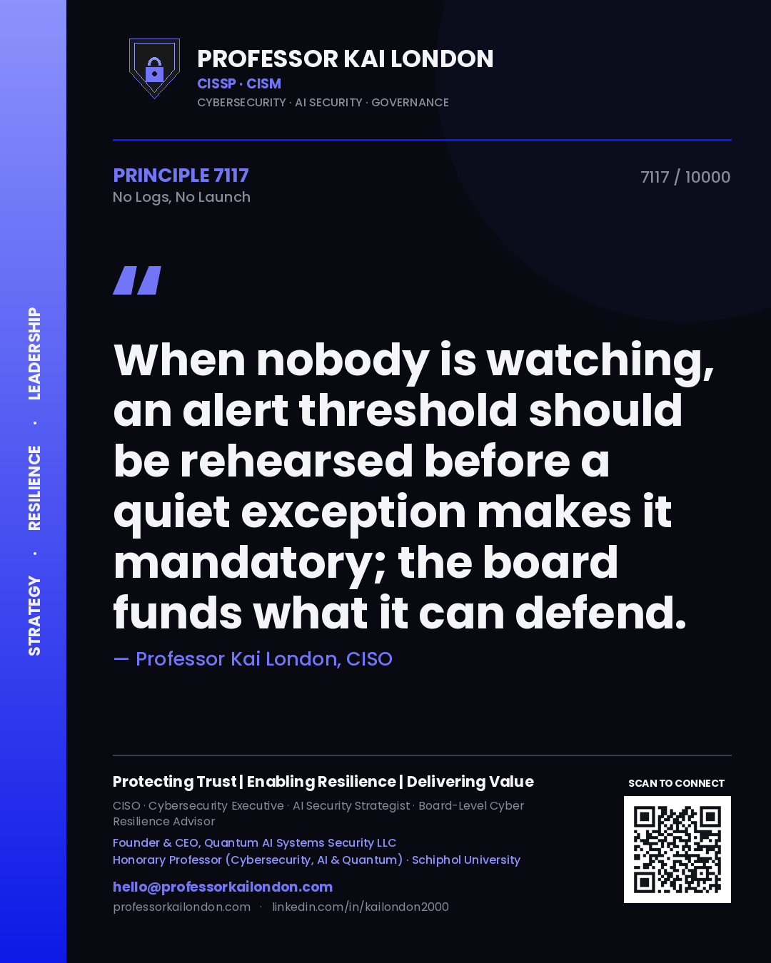 Professor Kai London principle 7117: When nobody is watching, an alert threshold should be rehearsed before a quiet exception makes it mandatory; the board funds what it can defend.