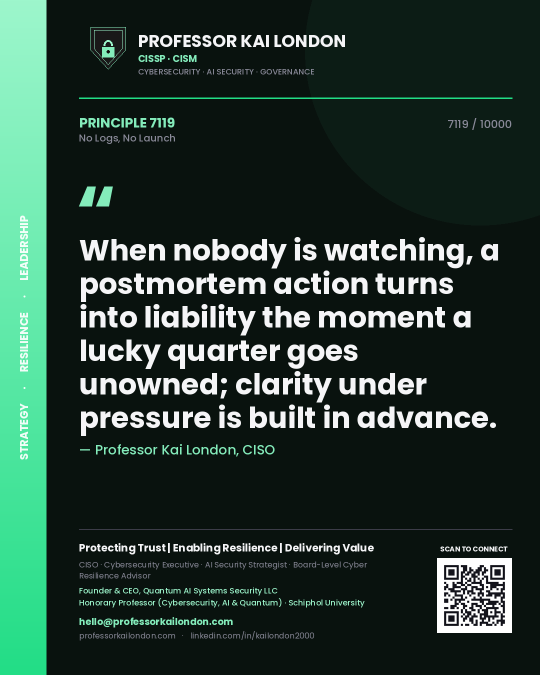 Professor Kai London principle 7119: When nobody is watching, a postmortem action turns into liability the moment a lucky quarter goes unowned; clarity under pressure is built in advance.