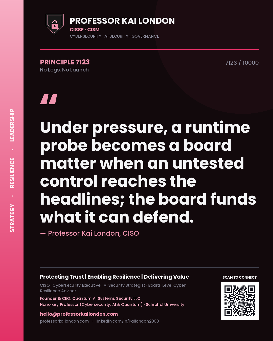 Quote card by Professor Kai London reading 'Under pressure, a runtime probe becomes a board matter when an untested control reaches the headlines; the board funds what it can defend.'. From the book No Logs, No Launch.