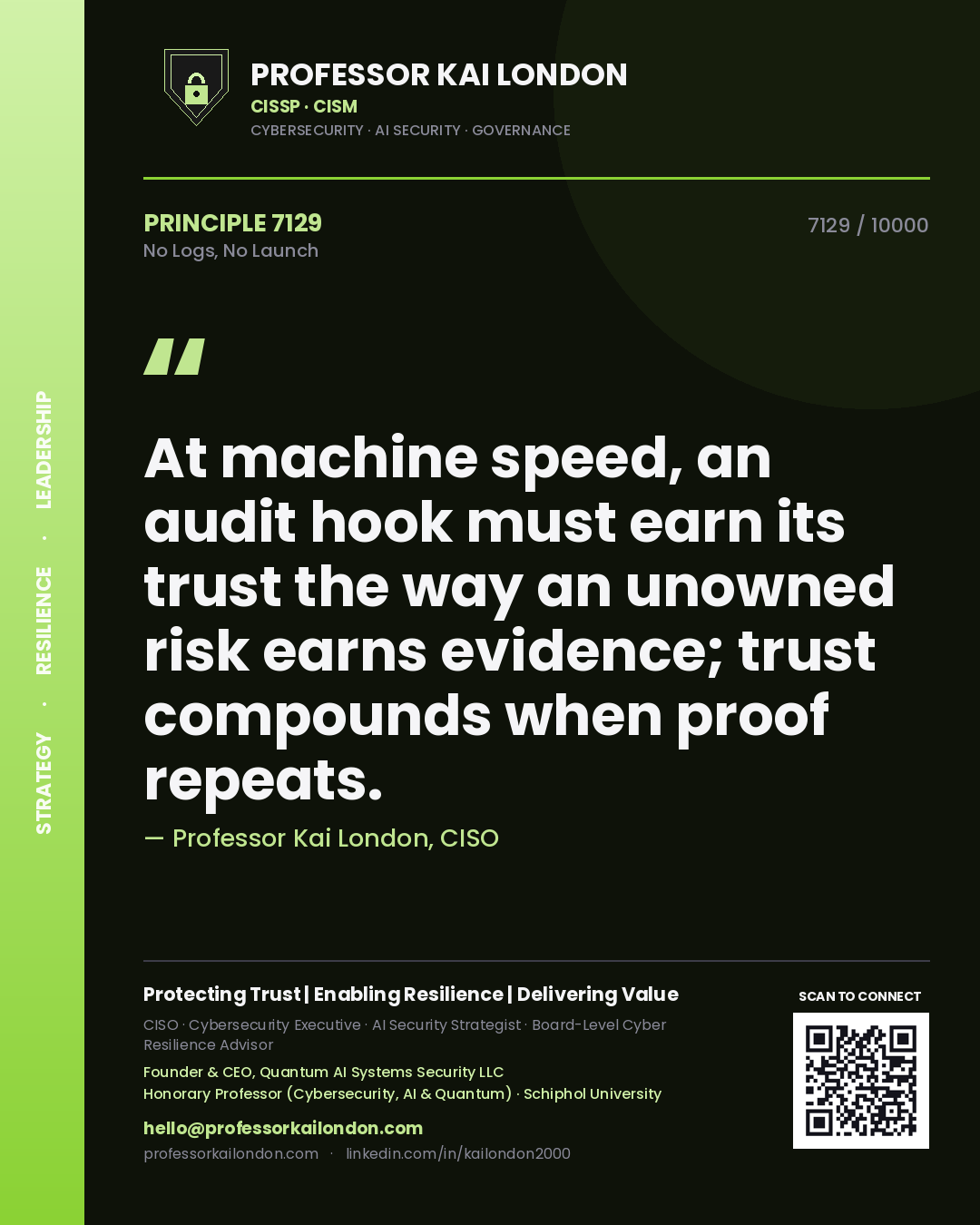 Professor Kai London principle 7129: At machine speed, an audit hook must earn its trust the way an unowned risk earns evidence; trust compounds when proof repeats.