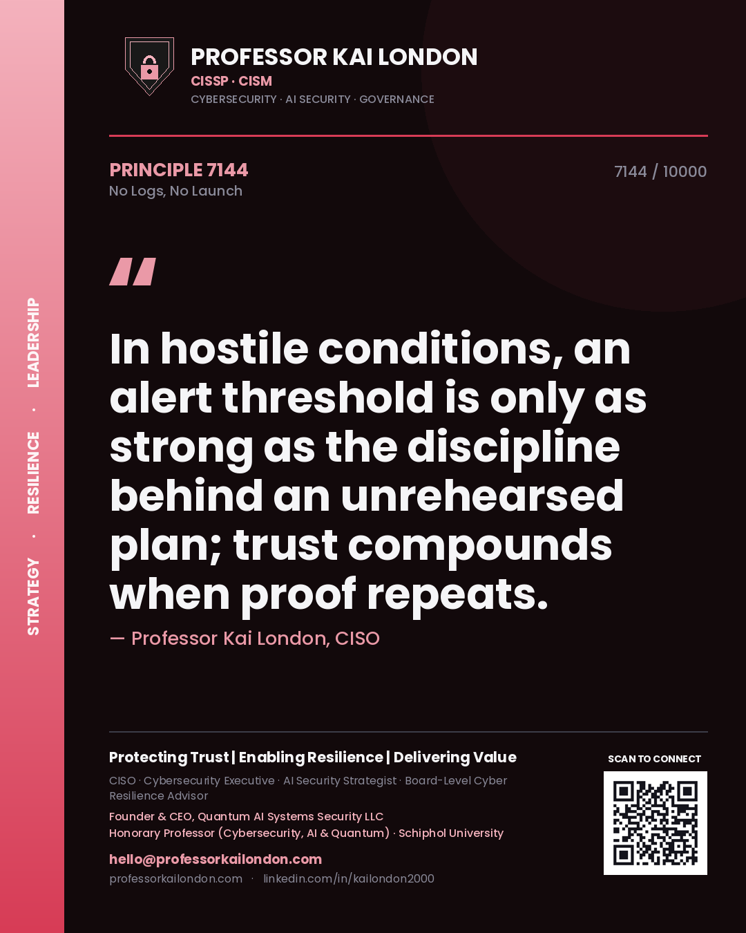 Quote card by Professor Kai London reading 'In hostile conditions, an alert threshold is only as strong as the discipline behind an unrehearsed plan; trust compounds when proof repeats.'. From the book No Logs, No Launch.