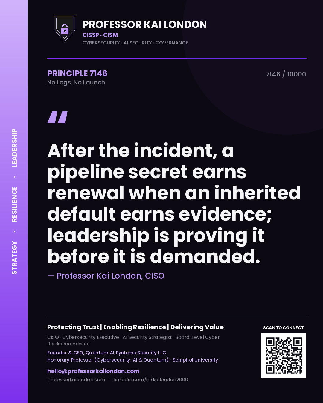 Professor Kai London principle 7146: After the incident, a pipeline secret earns renewal when an inherited default earns evidence; leadership is proving it before it is demanded.