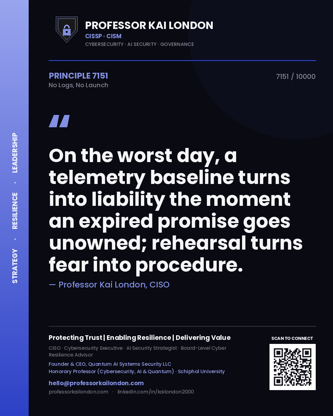 Quote card by Professor Kai London reading 'On the worst day, a telemetry baseline turns into liability the moment an expired promise goes unowned; rehearsal turns fear into procedure.'. From the book No Logs, No Launch.