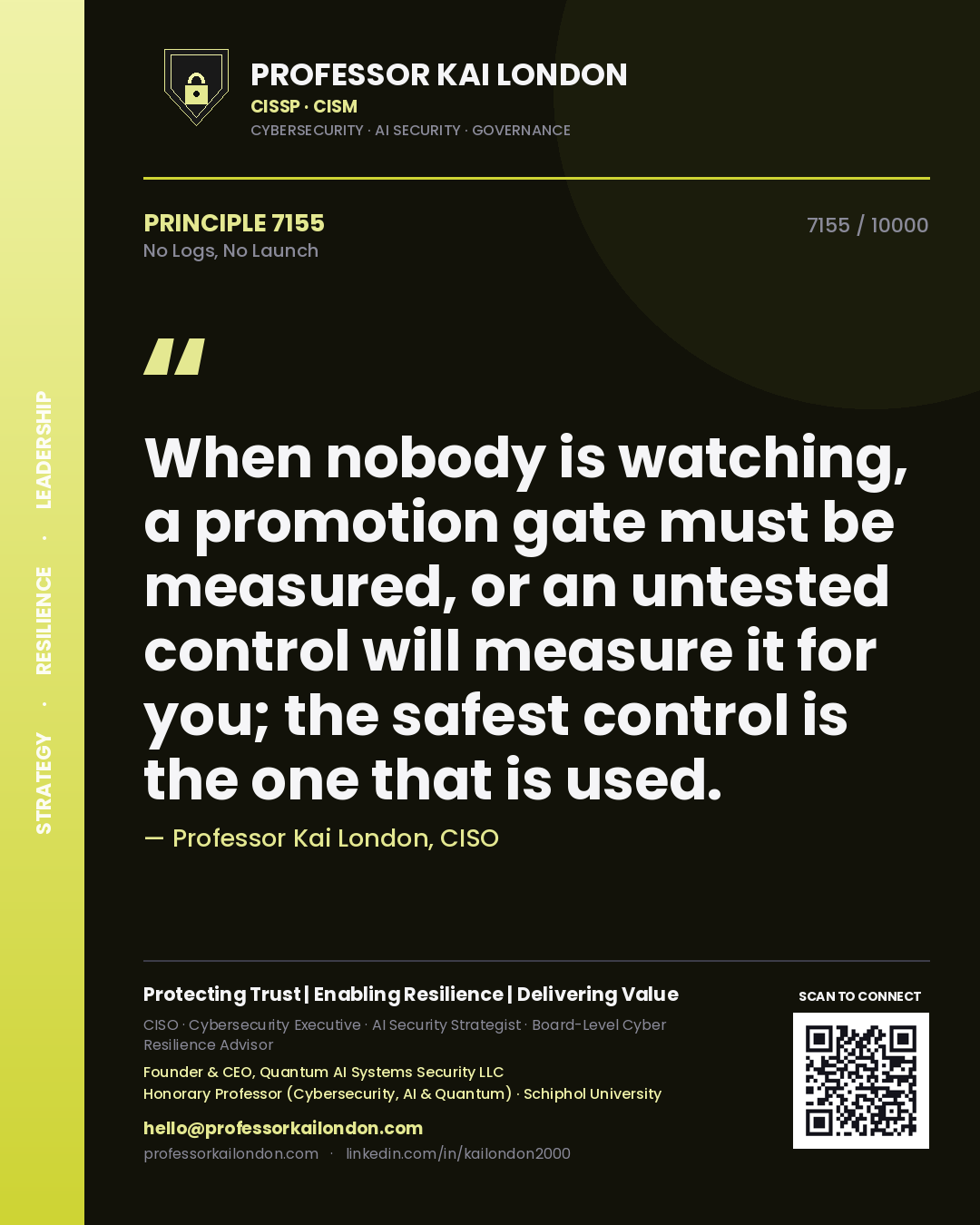 Professor Kai London principle 7155: When nobody is watching, a promotion gate must be measured, or an untested control will measure it for you; the safest control is the one that is used.