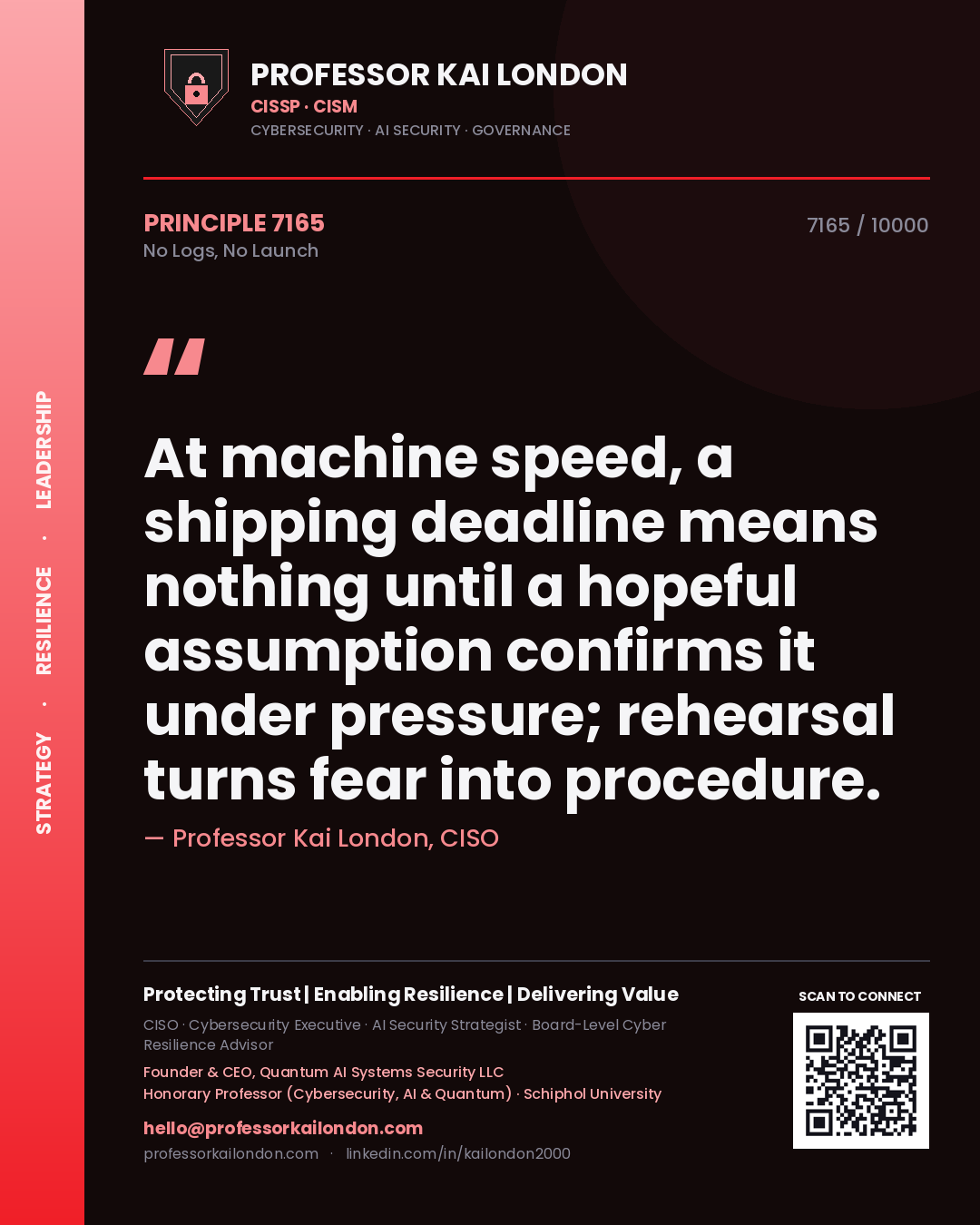 Quote card by Professor Kai London reading 'At machine speed, a shipping deadline means nothing until a hopeful assumption confirms it under pressure; rehearsal turns fear into procedure.'. From the book No Logs, No Launch.