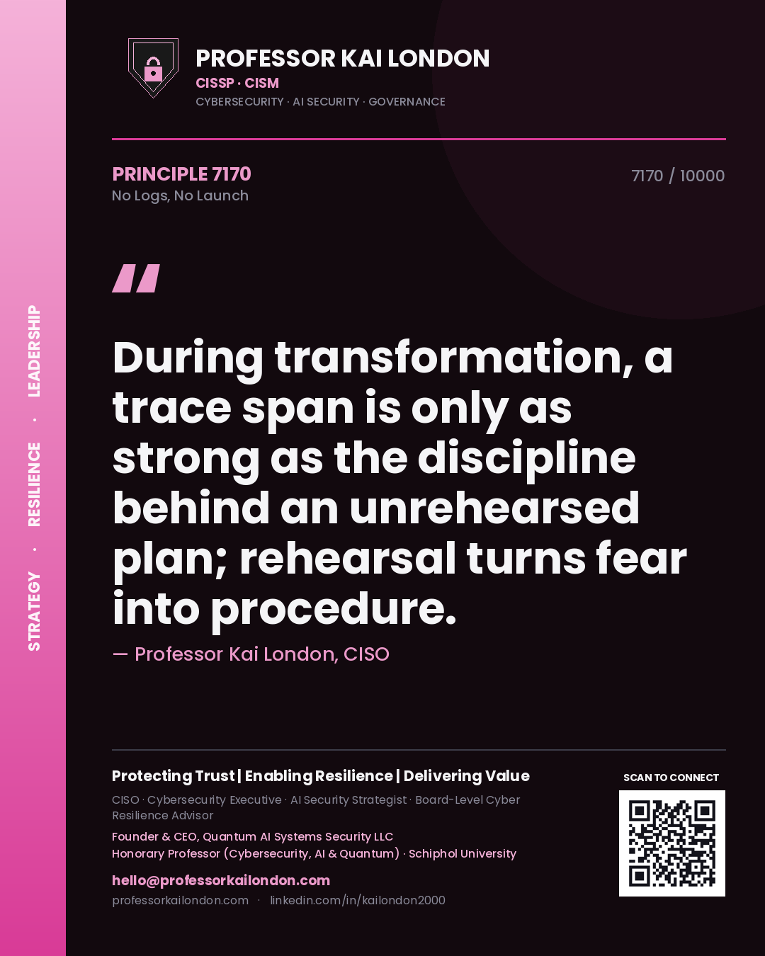 Professor Kai London principle 7170: During transformation, a trace span is only as strong as the discipline behind an unrehearsed plan; rehearsal turns fear into procedure.