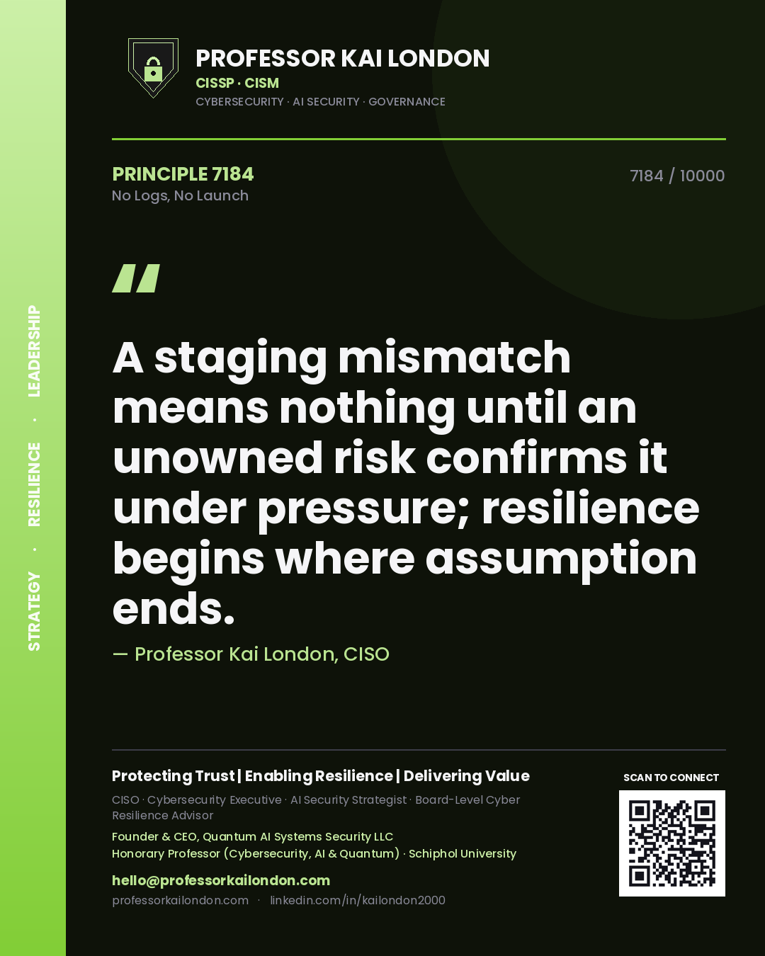 Professor Kai London principle 7184: A staging mismatch means nothing until an unowned risk confirms it under pressure; resilience begins where assumption ends.