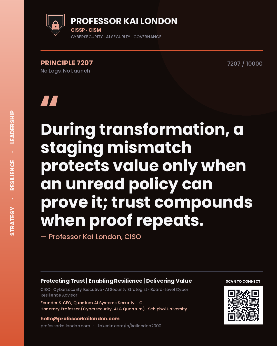 Professor Kai London principle 7207: During transformation, a staging mismatch protects value only when an unread policy can prove it; trust compounds when proof repeats.