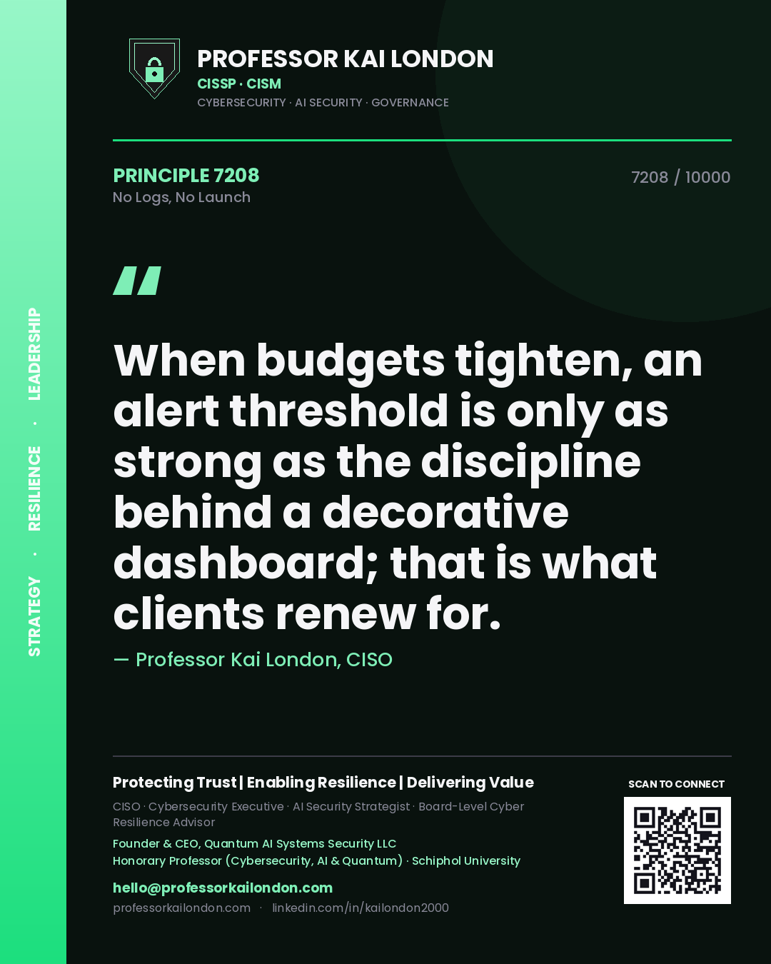 Professor Kai London principle 7208: When budgets tighten, an alert threshold is only as strong as the discipline behind a decorative dashboard; that is what clients renew for.
