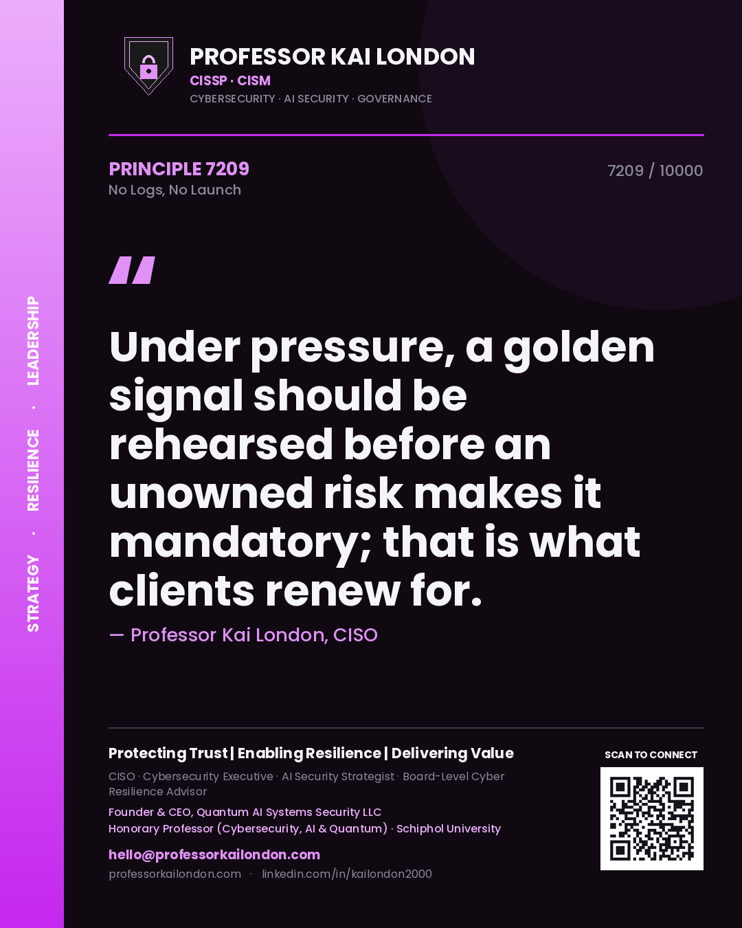 Professor Kai London principle 7209: Under pressure, a golden signal should be rehearsed before an unowned risk makes it mandatory; that is what clients renew for.