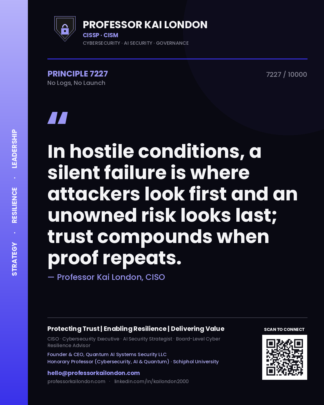 Professor Kai London principle 7227: In hostile conditions, a silent failure is where attackers look first and an unowned risk looks last; trust compounds when proof repeats.