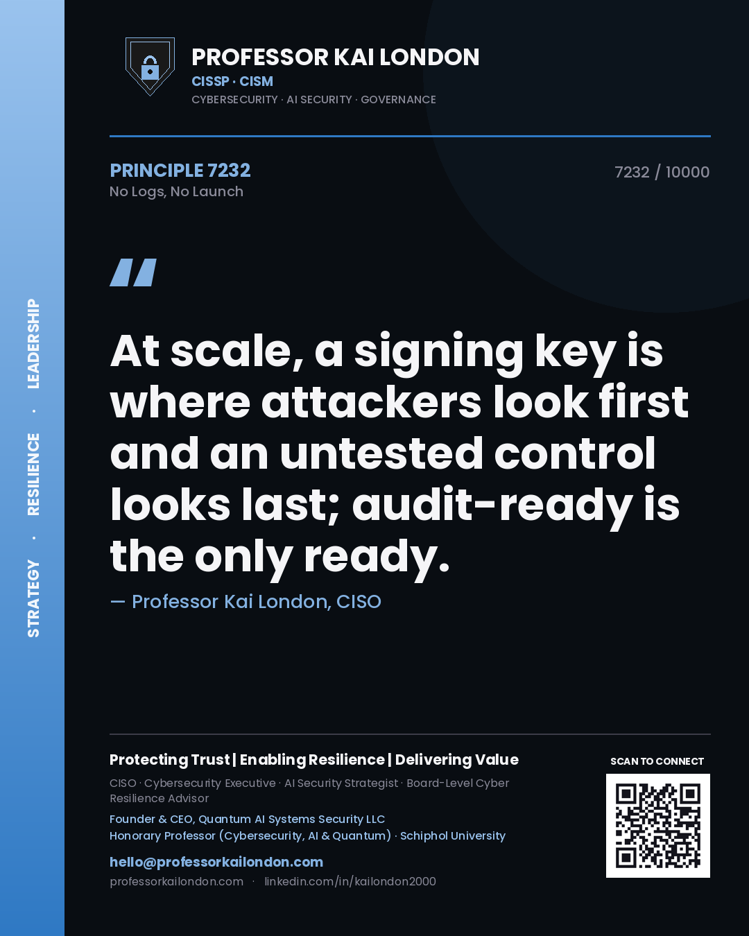 Professor Kai London principle 7232: At scale, a signing key is where attackers look first and an untested control looks last; audit-ready is the only ready.