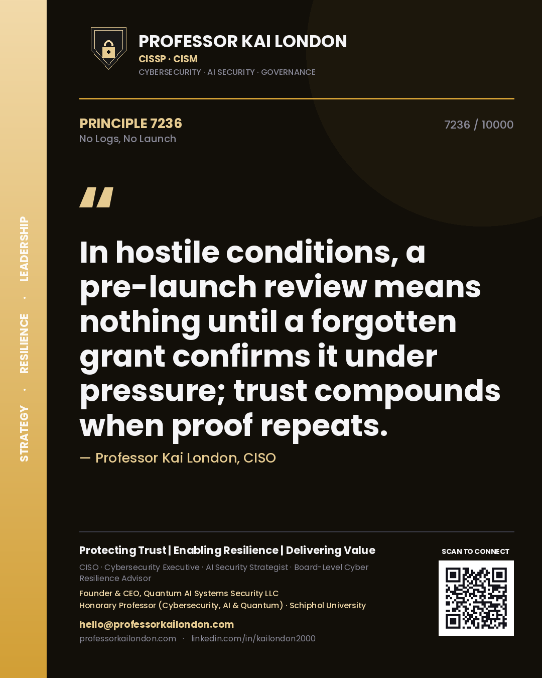 Professor Kai London principle 7236: In hostile conditions, a pre-launch review means nothing until a forgotten grant confirms it under pressure; trust compounds when proof repeats.