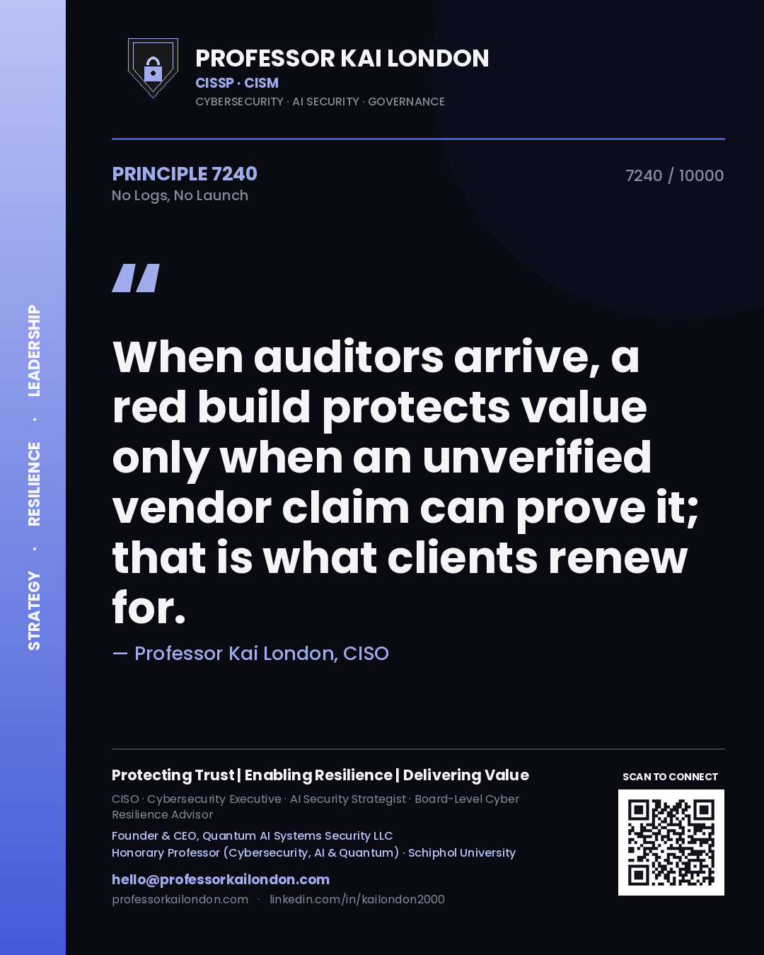 Professor Kai London principle 7240: When auditors arrive, a red build protects value only when an unverified vendor claim can prove it; that is what clients renew for.