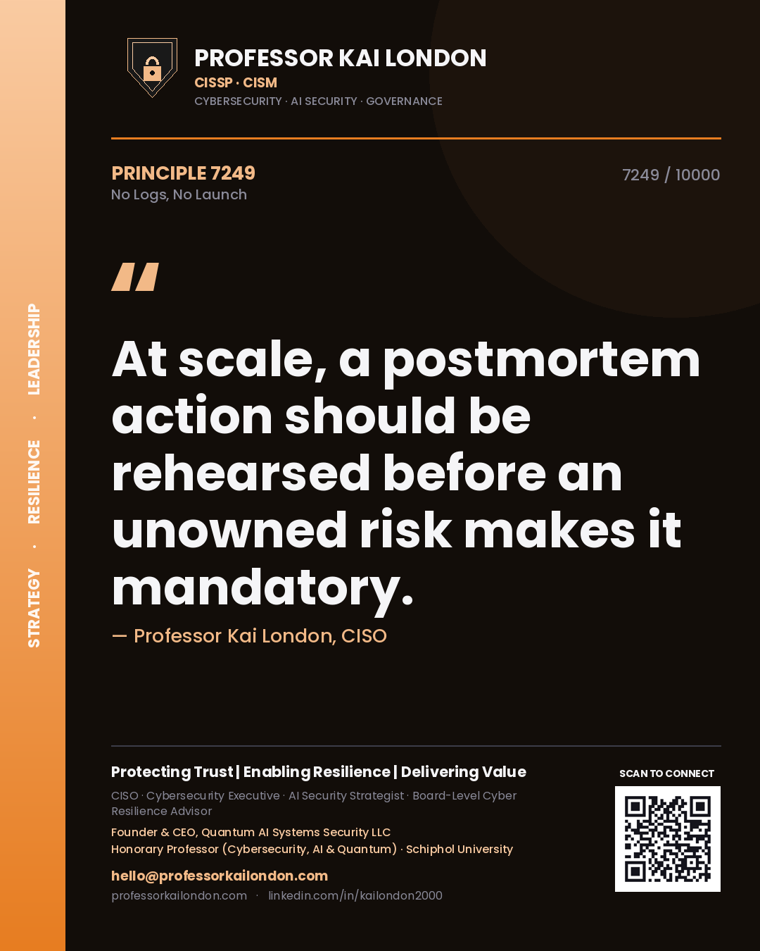 Quote card by Professor Kai London reading 'At scale, a postmortem action should be rehearsed before an unowned risk makes it mandatory.'. From the book No Logs, No Launch.