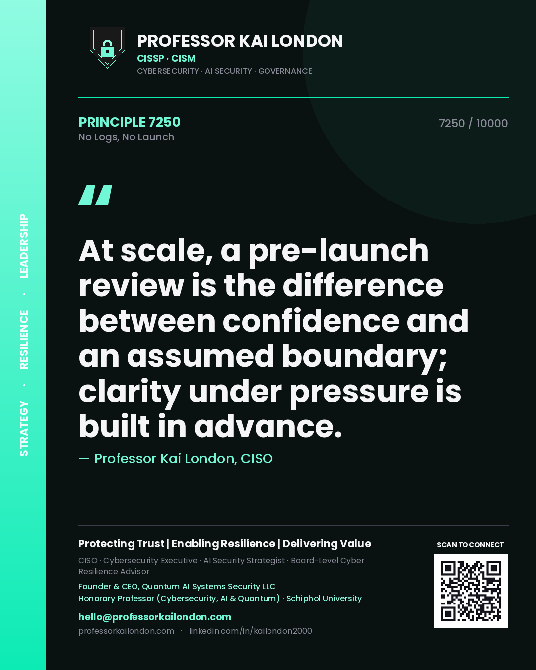 Professor Kai London principle 7250: At scale, a pre-launch review is the difference between confidence and an assumed boundary; clarity under pressure is built in advance.
