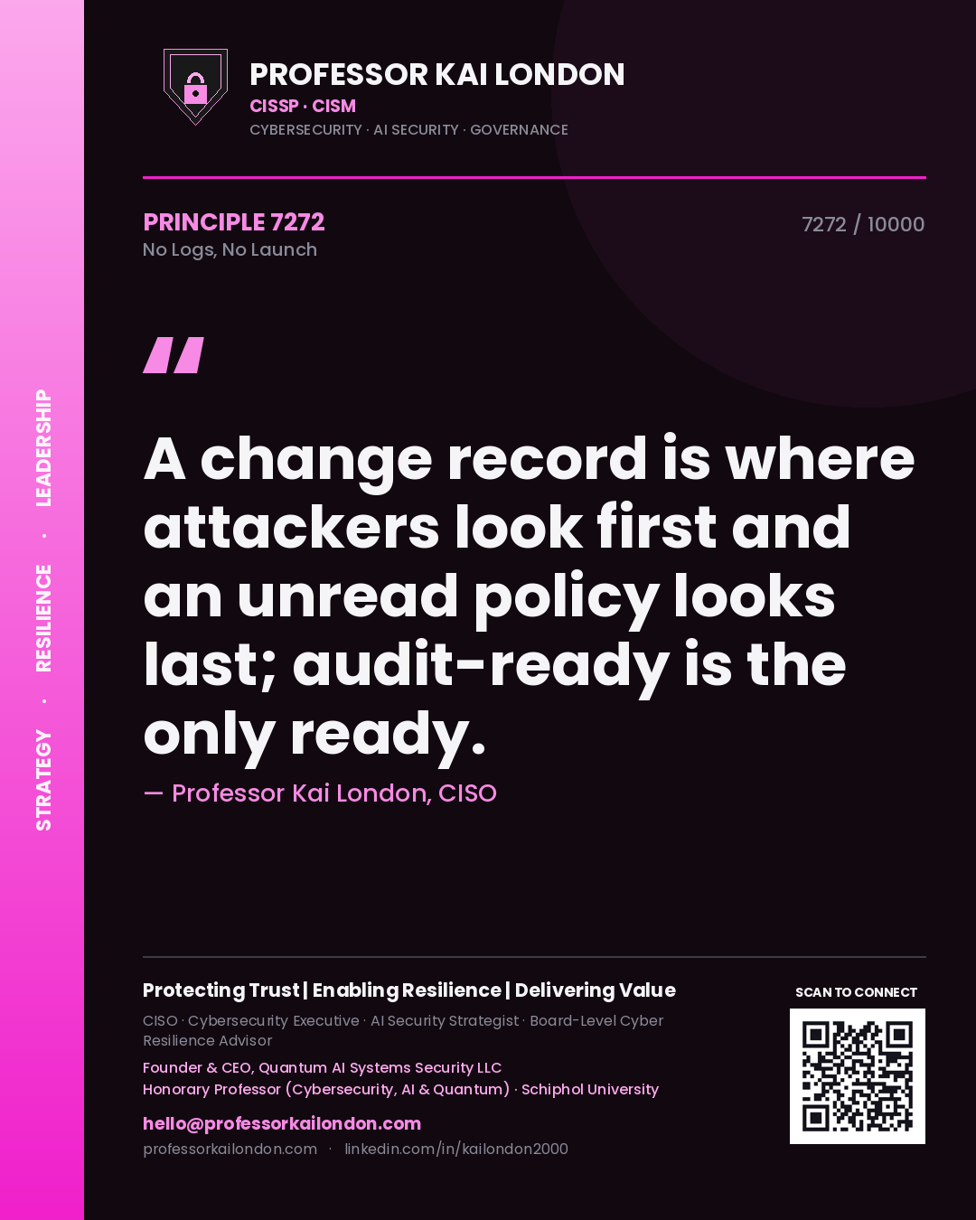 Professor Kai London principle 7272: A change record is where attackers look first and an unread policy looks last; audit-ready is the only ready.