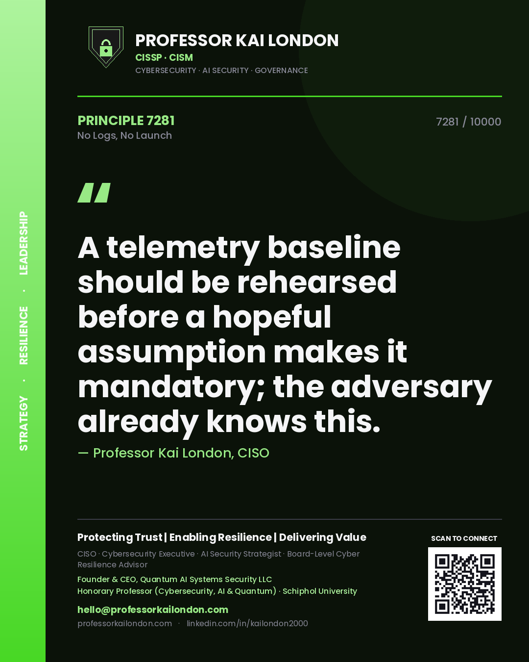 Quote card by Professor Kai London reading 'A telemetry baseline should be rehearsed before a hopeful assumption makes it mandatory; the adversary already knows this.'. From the book No Logs, No Launch.