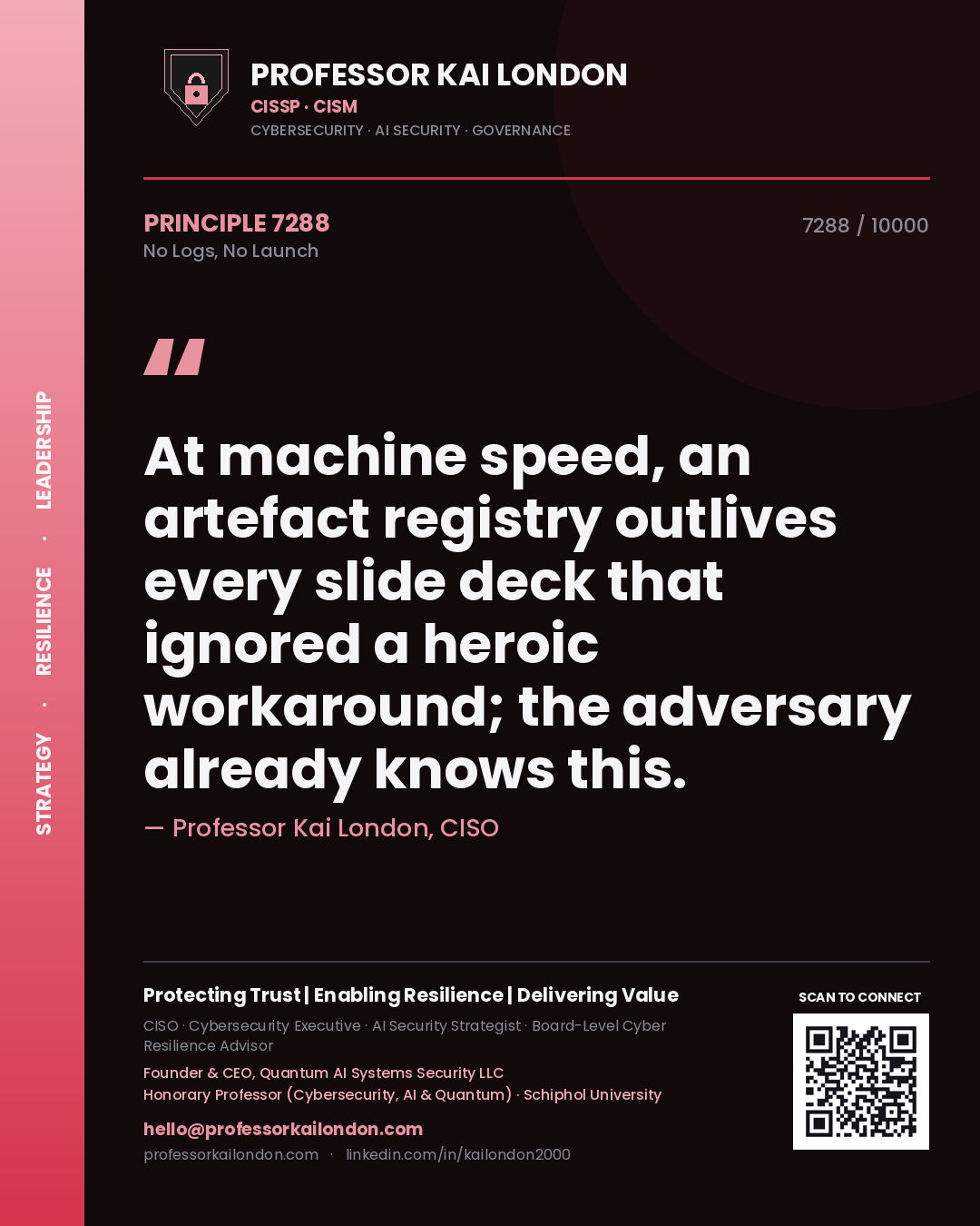 Professor Kai London principle 7288: At machine speed, an artefact registry outlives every slide deck that ignored a heroic workaround; the adversary already knows this.