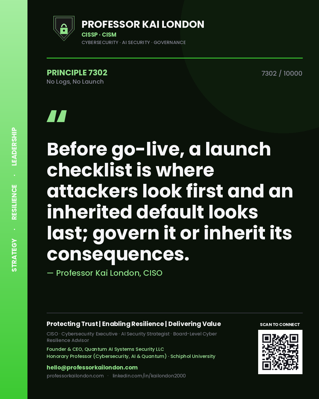 Quote card by Professor Kai London reading 'Before go-live, a launch checklist is where attackers look first and an inherited default looks last; govern it or inherit its consequences.'. From the book No Logs, No Launch.