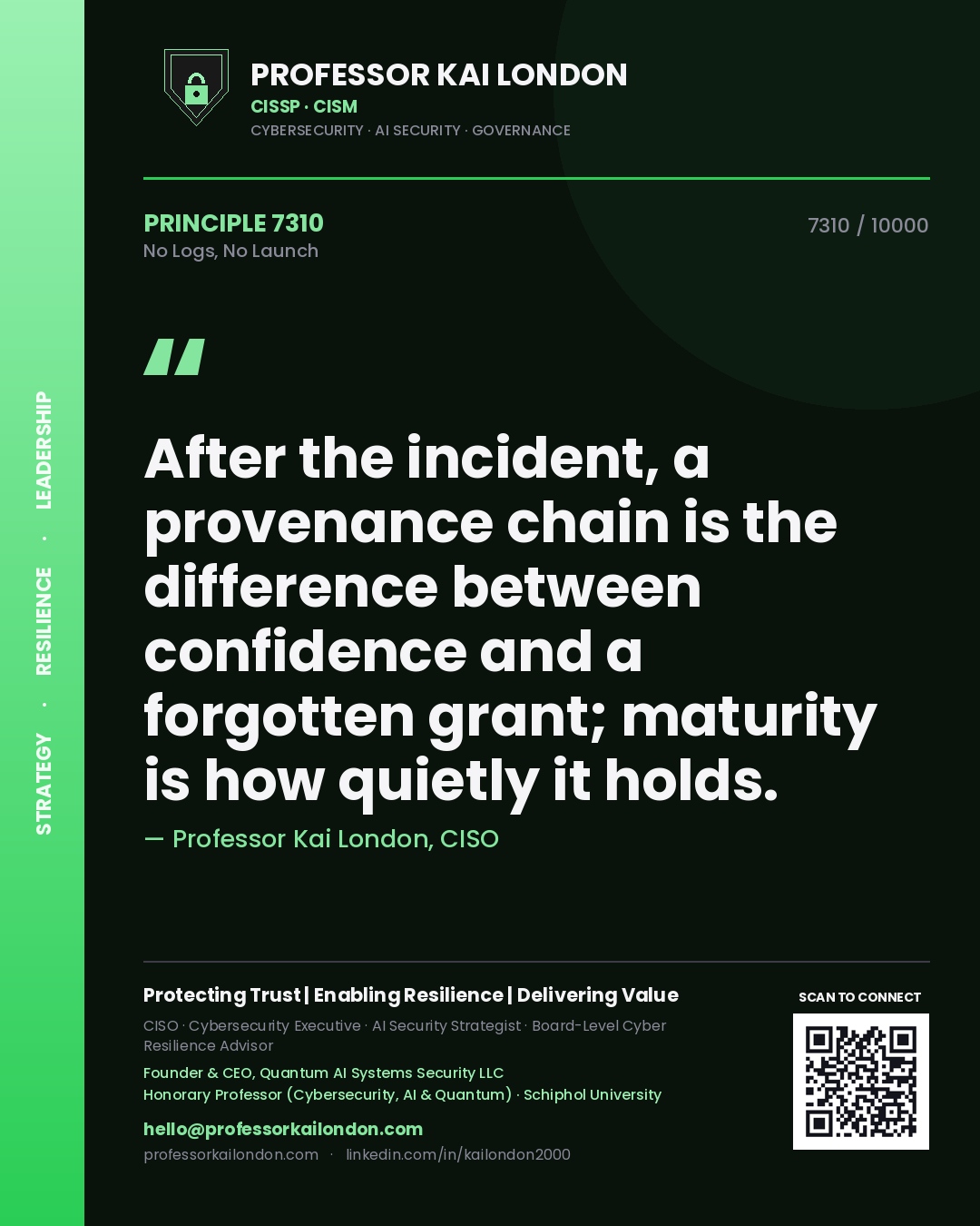 Professor Kai London principle 7310: After the incident, a provenance chain is the difference between confidence and a forgotten grant; maturity is how quietly it holds.