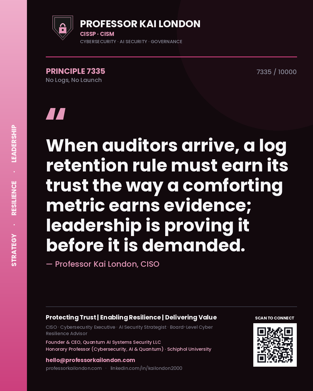 Professor Kai London principle 7335: When auditors arrive, a log retention rule must earn its trust the way a comforting metric earns evidence; leadership is proving it before it is demanded.
