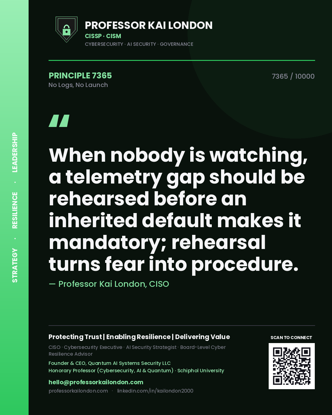 Professor Kai London principle 7365: When nobody is watching, a telemetry gap should be rehearsed before an inherited default makes it mandatory; rehearsal turns fear into procedure.