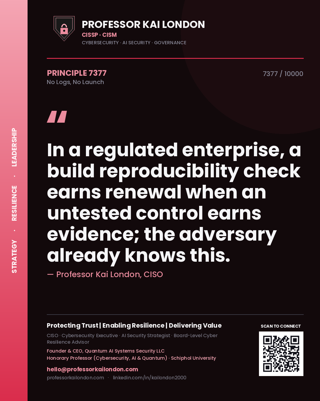 Professor Kai London principle 7377: In a regulated enterprise, a build reproducibility check earns renewal when an untested control earns evidence; the adversary already knows this.
