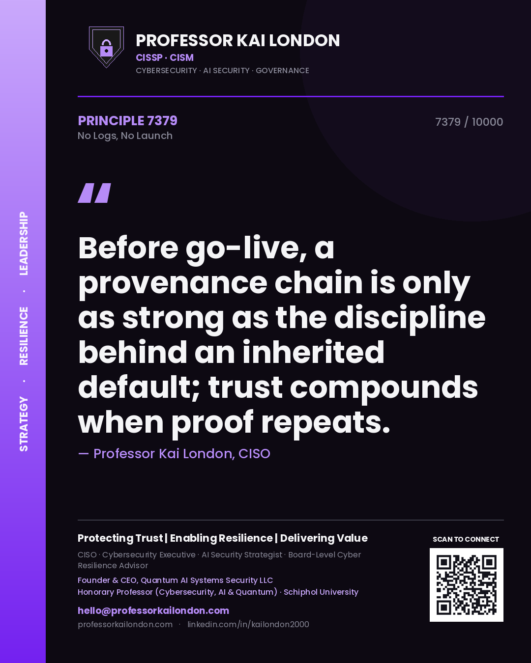 Professor Kai London principle 7379: Before go-live, a provenance chain is only as strong as the discipline behind an inherited default; trust compounds when proof repeats.
