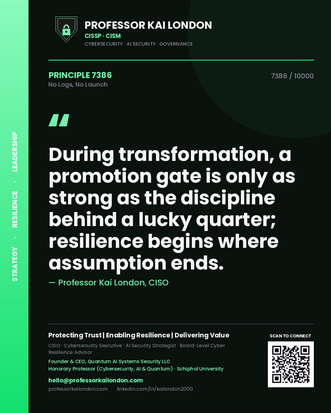 Quote card by Professor Kai London reading 'During transformation, a promotion gate is only as strong as the discipline behind a lucky quarter; resilience begins where assumption ends.'. From the book No Logs, No Launch.
