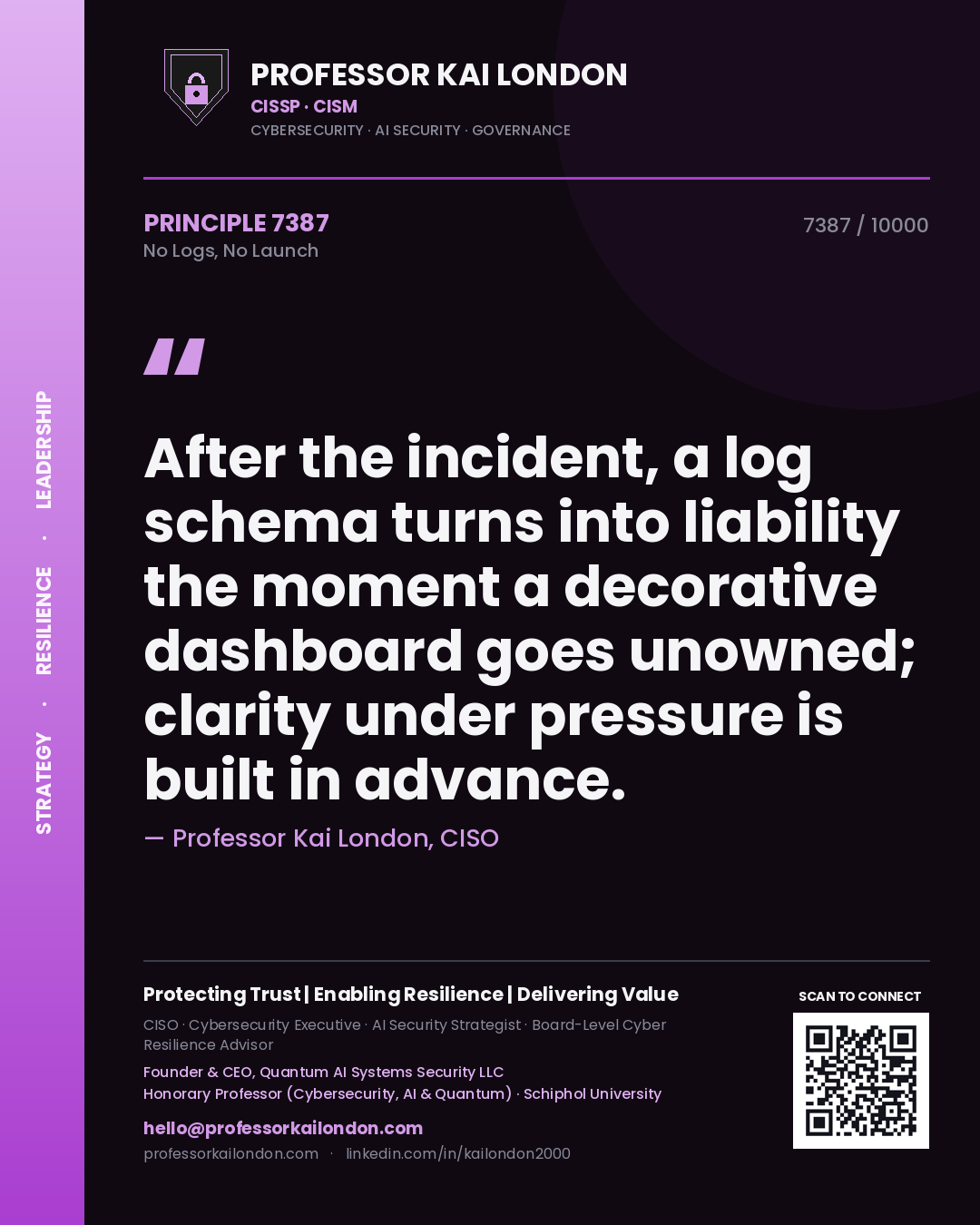 Quote card by Professor Kai London reading 'After the incident, a log schema turns into liability the moment a decorative dashboard goes unowned; clarity under pressure is built in advance.'. From the book No Logs, No Launch.