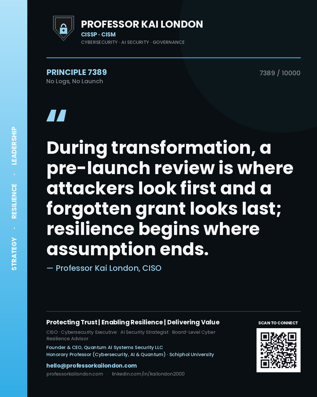 Quote card by Professor Kai London reading 'During transformation, a pre-launch review is where attackers look first and a forgotten grant looks last; resilience begins where assumption ends.'. From the book No Logs, No Launch.