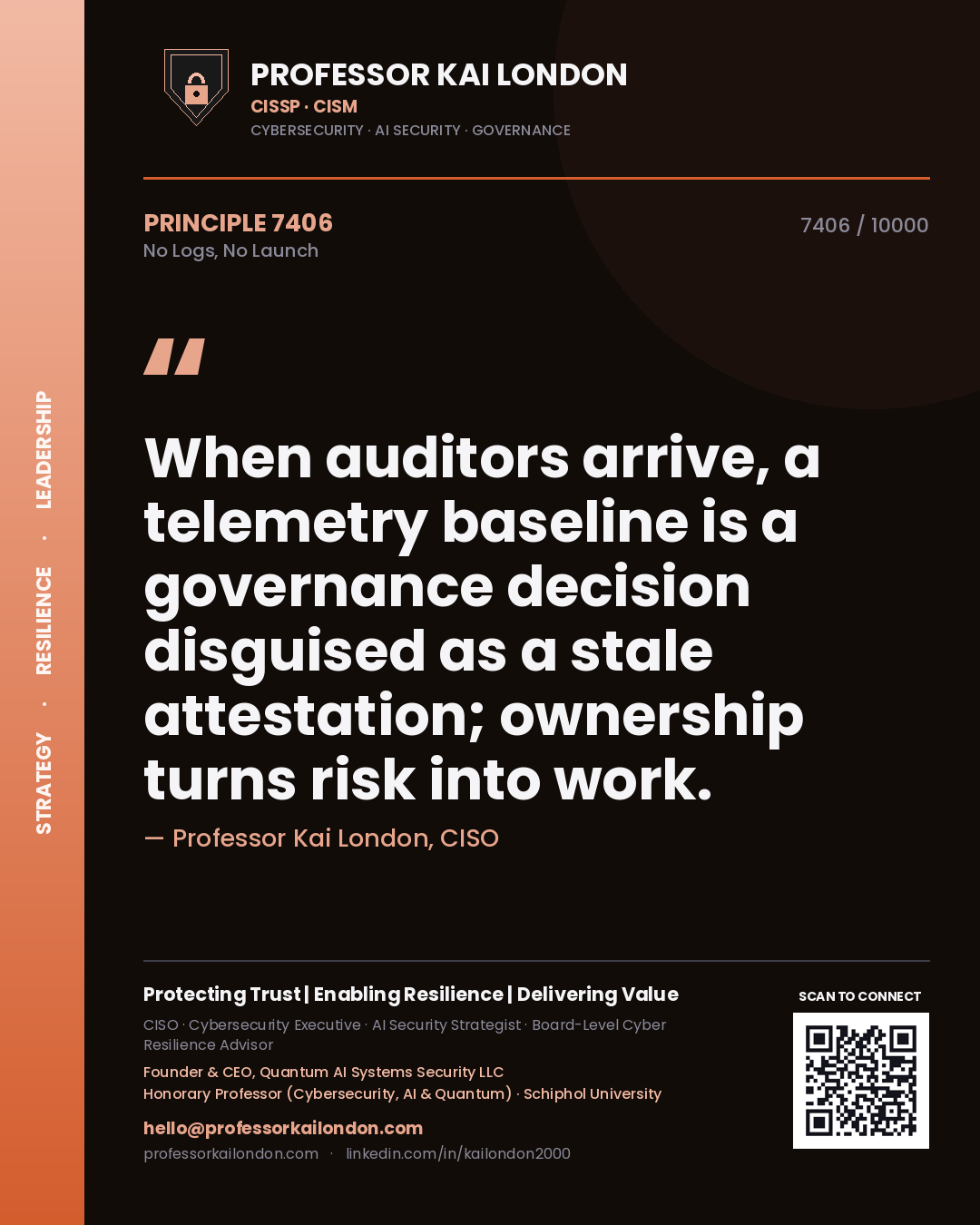 Professor Kai London principle 7406: When auditors arrive, a telemetry baseline is a governance decision disguised as a stale attestation; ownership turns risk into work.