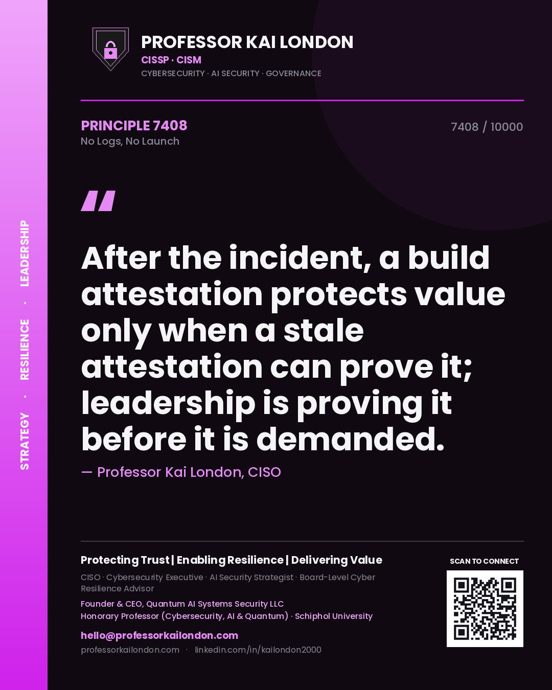 Professor Kai London principle 7408: After the incident, a build attestation protects value only when a stale attestation can prove it; leadership is proving it before it is demanded.