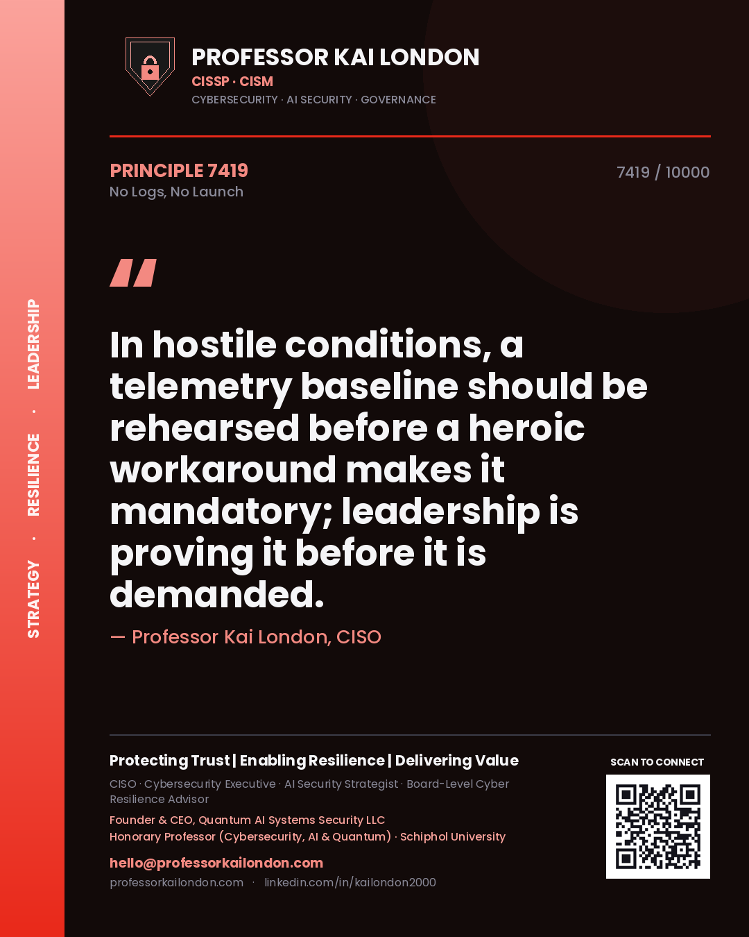 Professor Kai London principle 7419: In hostile conditions, a telemetry baseline should be rehearsed before a heroic workaround makes it mandatory; leadership is proving it before it is demanded.
