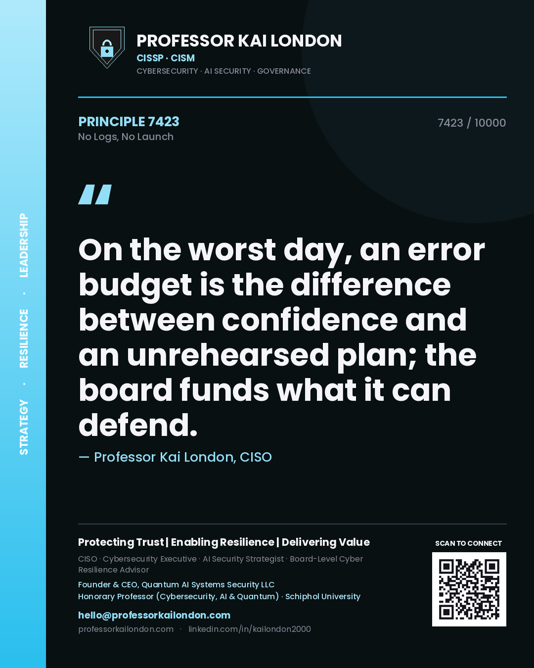 Professor Kai London principle 7423: On the worst day, an error budget is the difference between confidence and an unrehearsed plan; the board funds what it can defend.