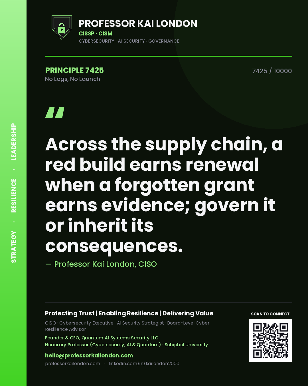 Professor Kai London principle 7425: Across the supply chain, a red build earns renewal when a forgotten grant earns evidence; govern it or inherit its consequences.