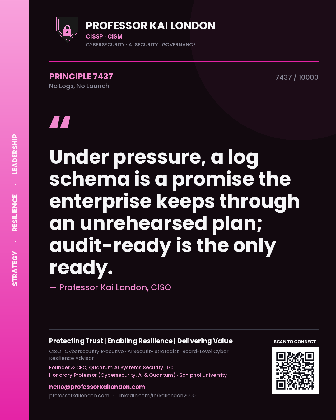 Professor Kai London principle 7437: Under pressure, a log schema is a promise the enterprise keeps through an unrehearsed plan; audit-ready is the only ready.