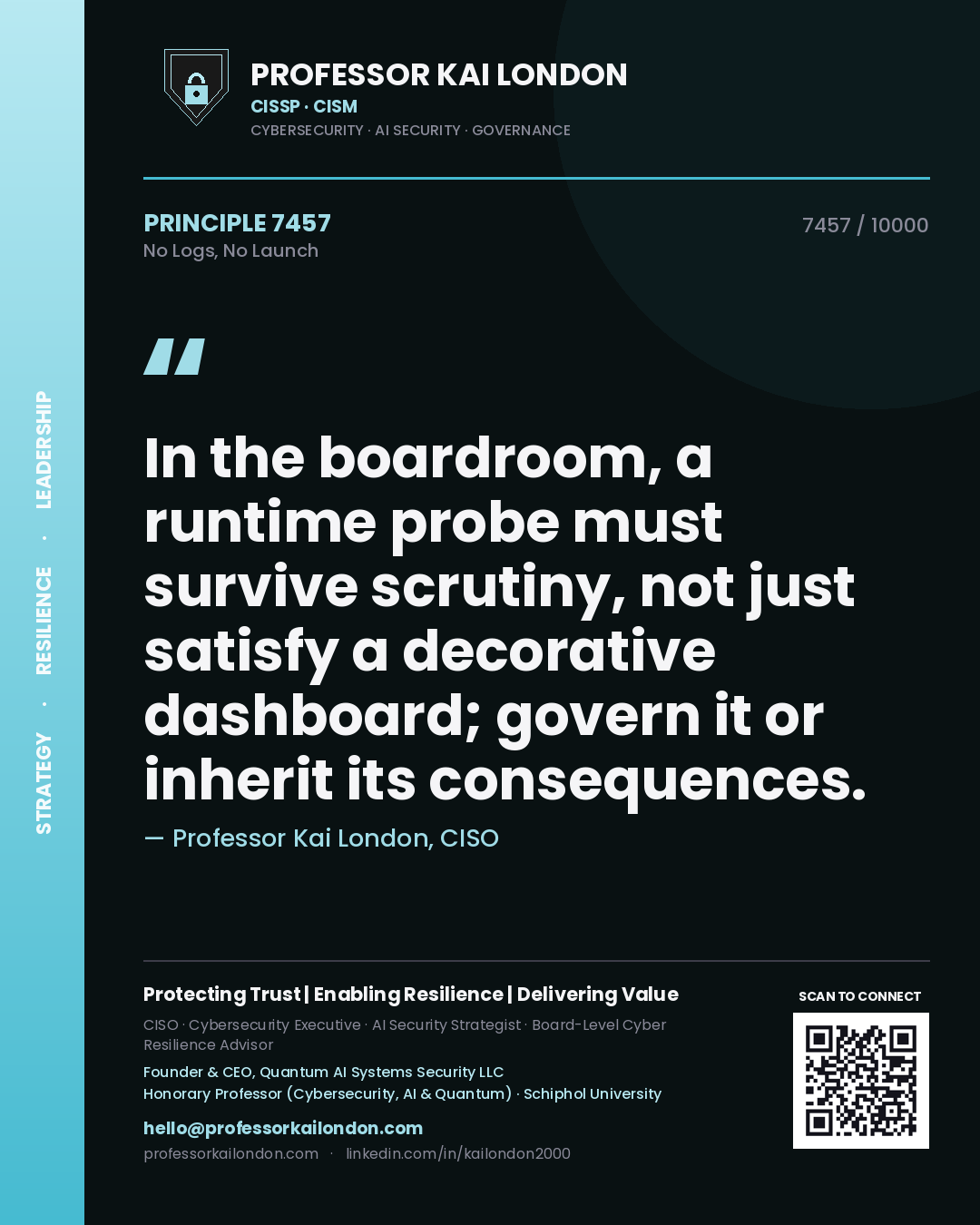Professor Kai London principle 7457: In the boardroom, a runtime probe must survive scrutiny, not just satisfy a decorative dashboard; govern it or inherit its consequences.