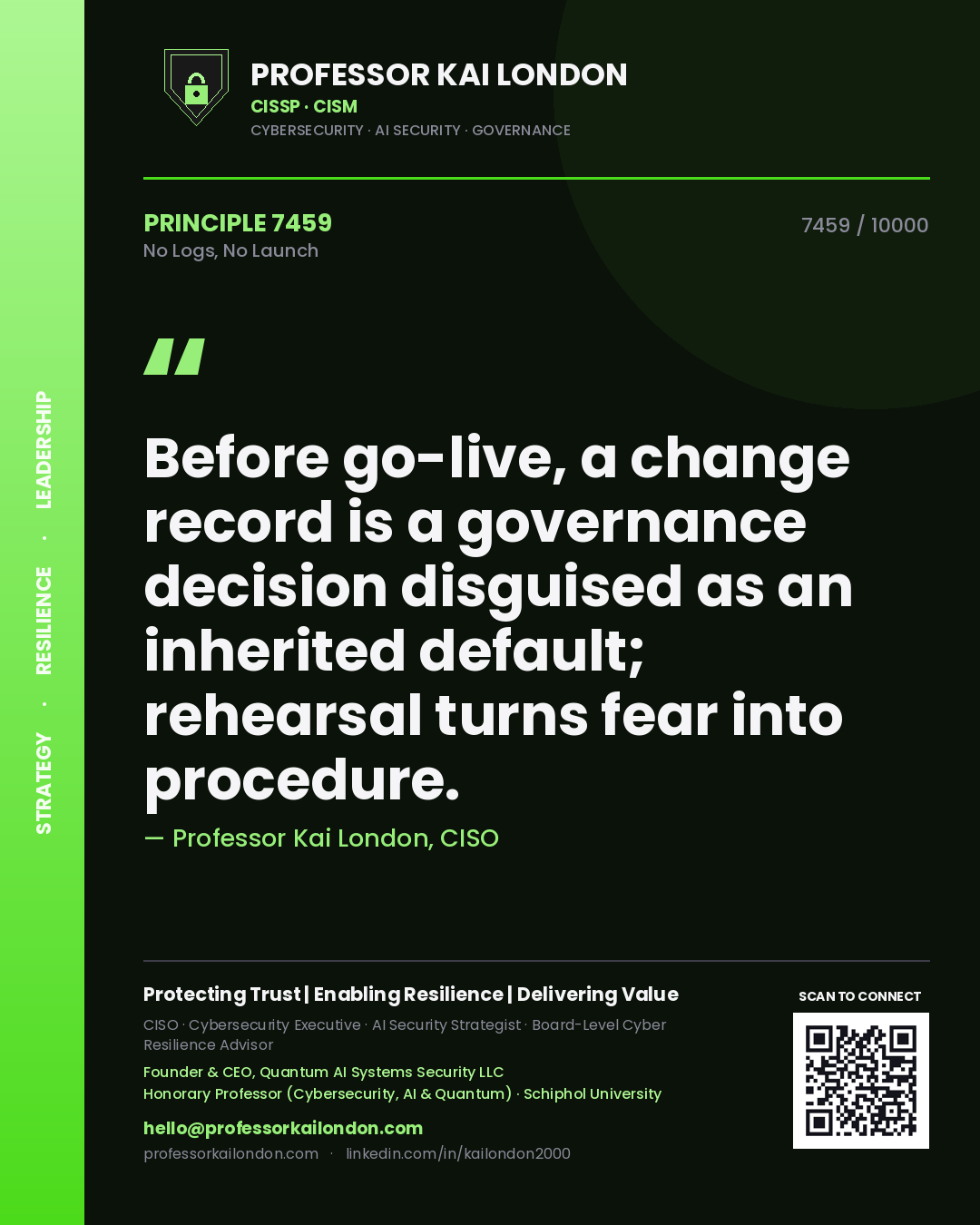 Professor Kai London principle 7459: Before go-live, a change record is a governance decision disguised as an inherited default; rehearsal turns fear into procedure.