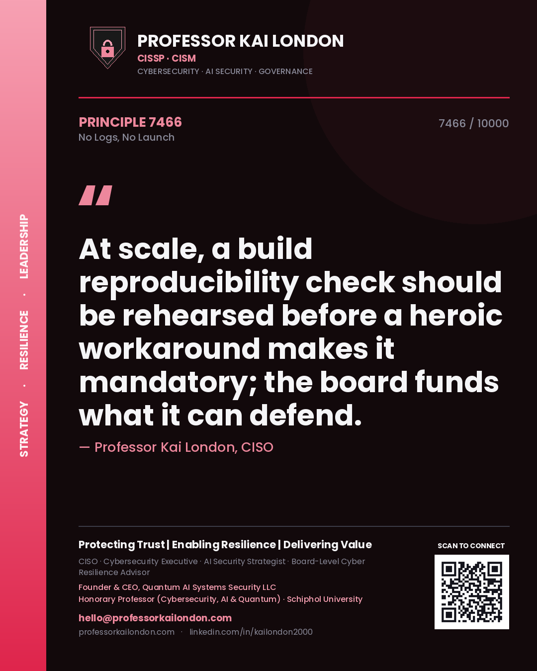 Professor Kai London principle 7466: At scale, a build reproducibility check should be rehearsed before a heroic workaround makes it mandatory; the board funds what it can defend.