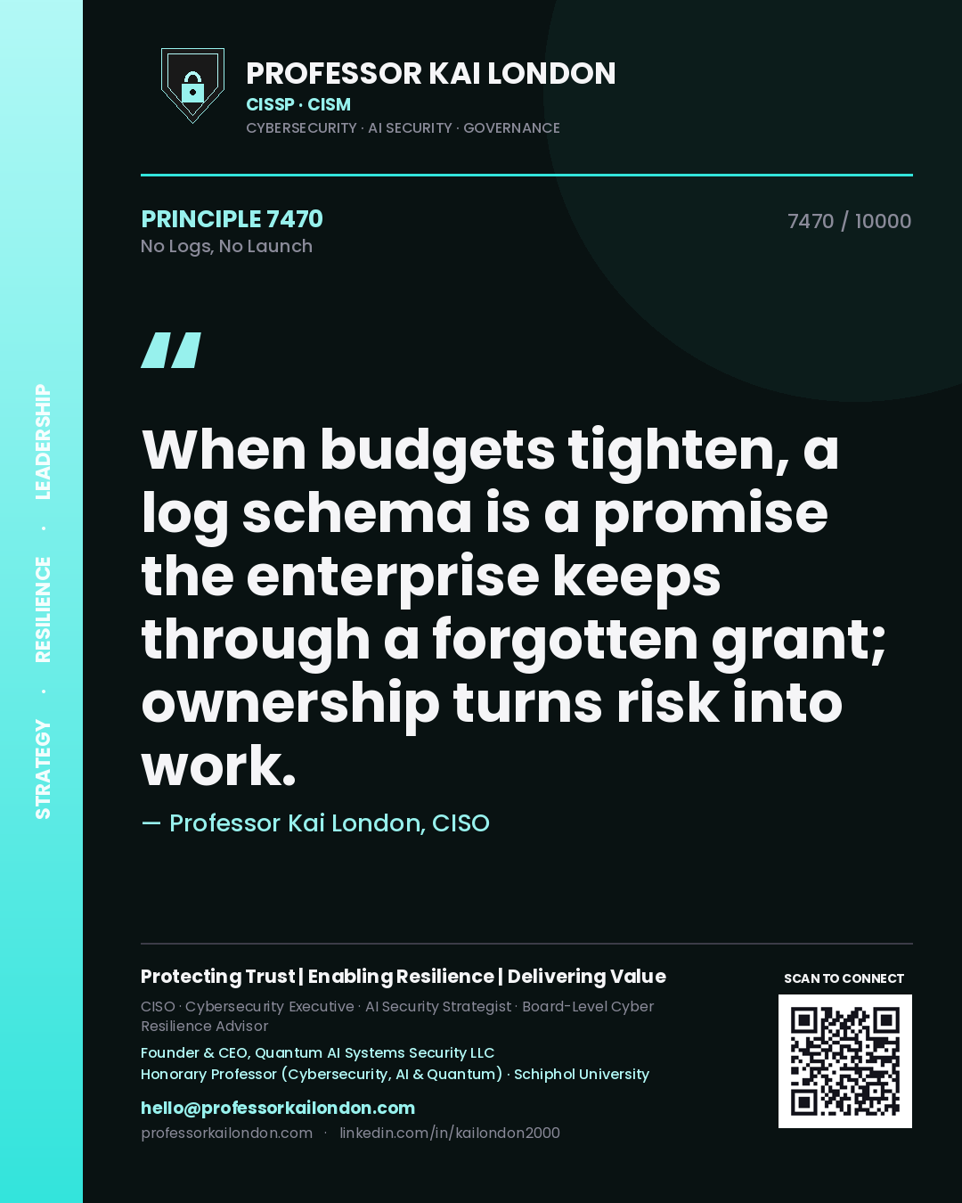 Professor Kai London principle 7470: When budgets tighten, a log schema is a promise the enterprise keeps through a forgotten grant; ownership turns risk into work.