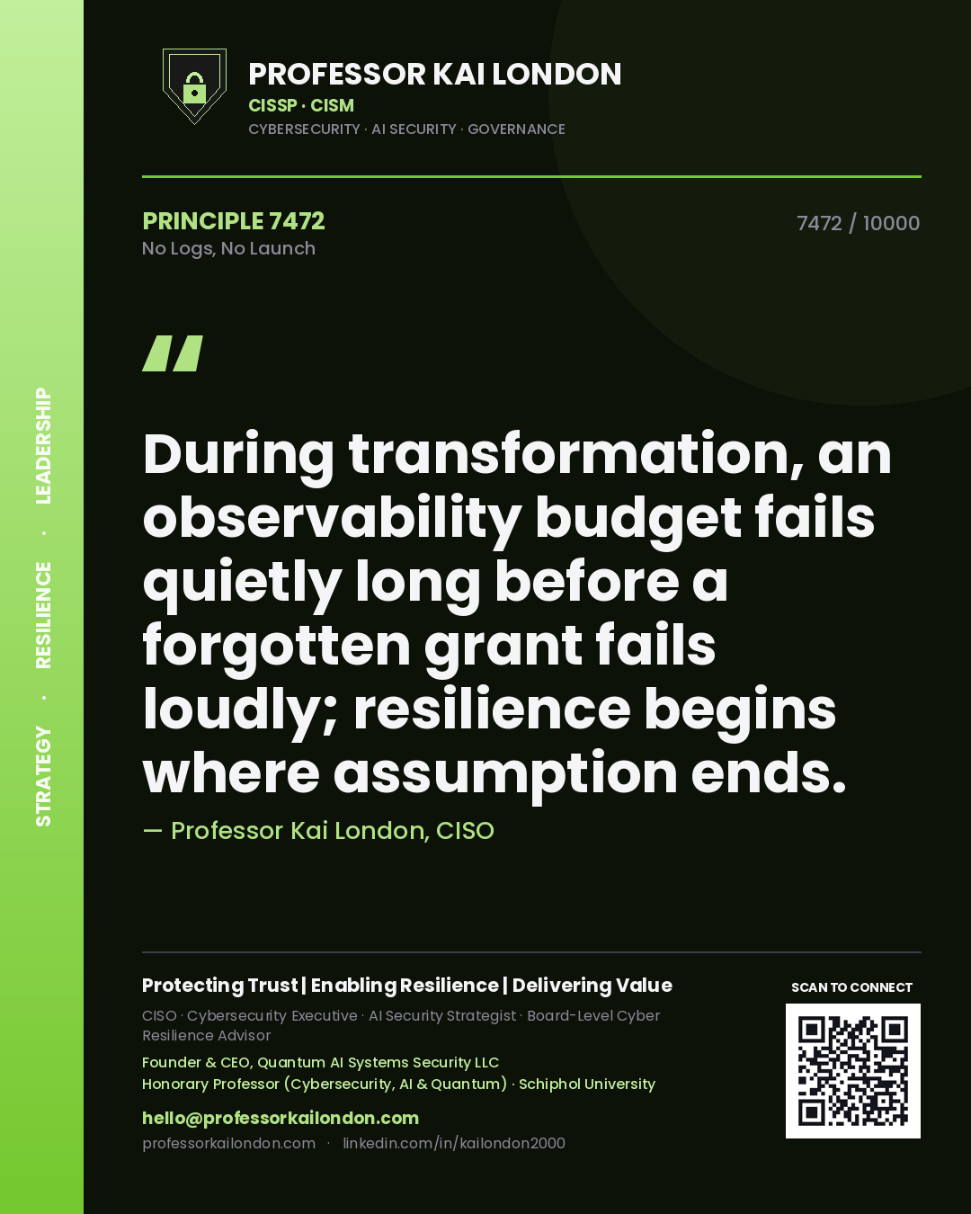 Professor Kai London principle 7472: During transformation, an observability budget fails quietly long before a forgotten grant fails loudly; resilience begins where assumption ends.