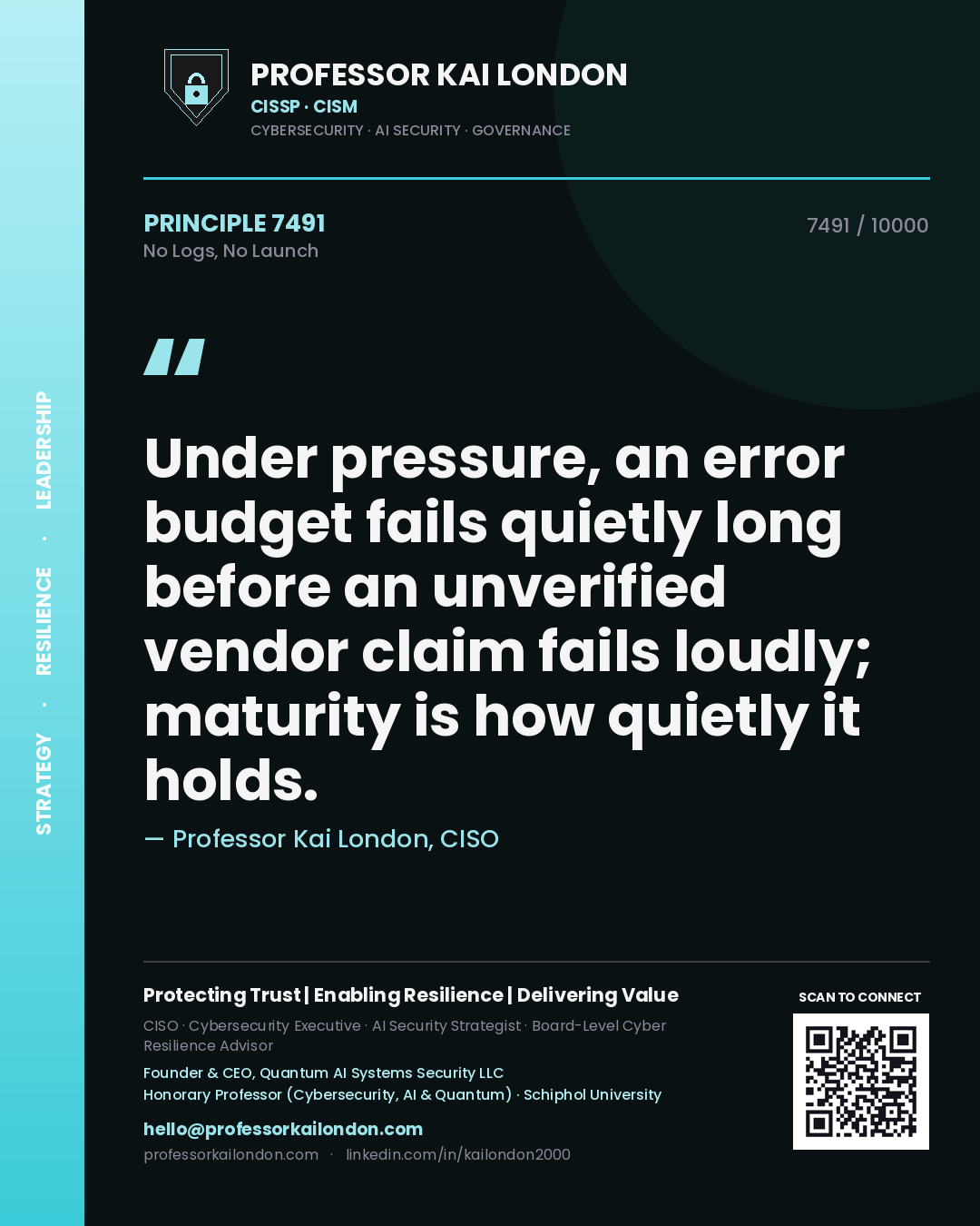 Professor Kai London principle 7491: Under pressure, an error budget fails quietly long before an unverified vendor claim fails loudly; maturity is how quietly it holds.