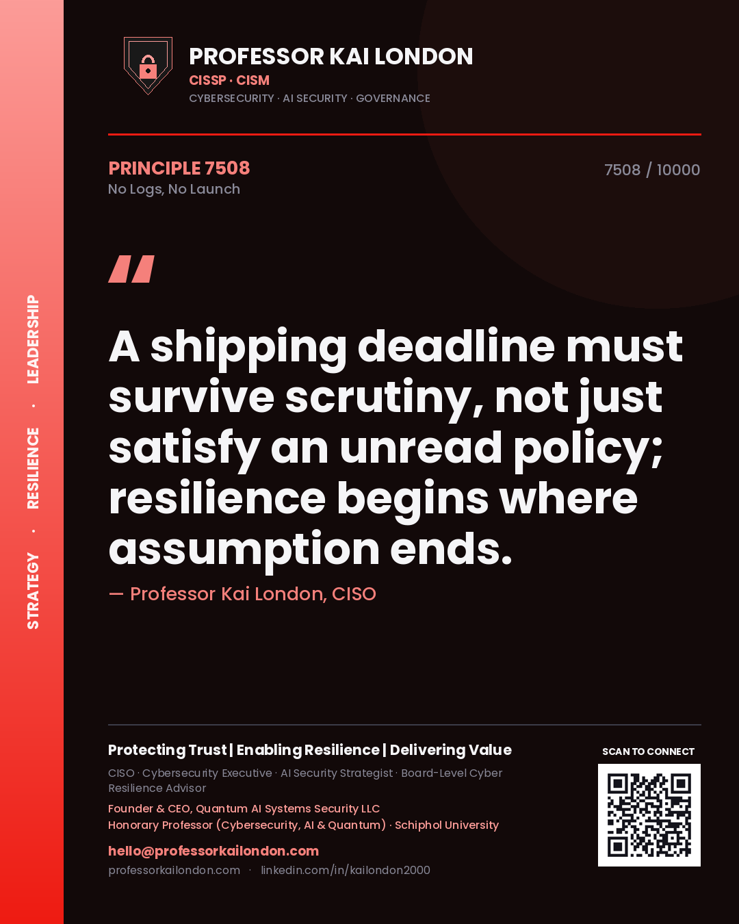Quote card by Professor Kai London reading 'A shipping deadline must survive scrutiny, not just satisfy an unread policy; resilience begins where assumption ends.'. From the book No Logs, No Launch.