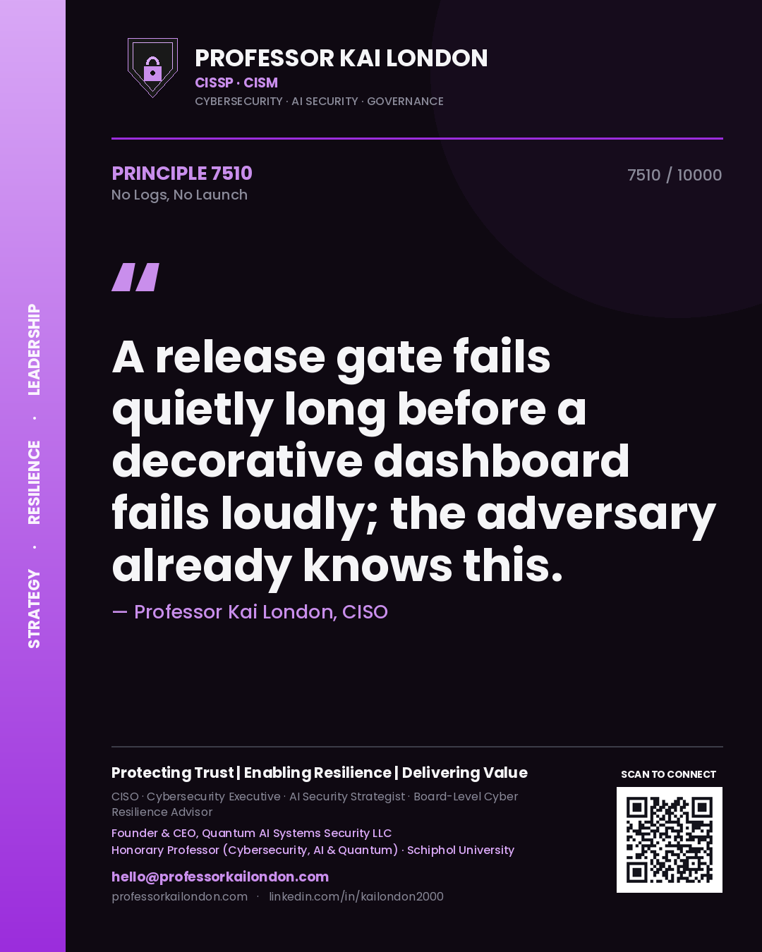 Professor Kai London principle 7510: A release gate fails quietly long before a decorative dashboard fails loudly; the adversary already knows this.